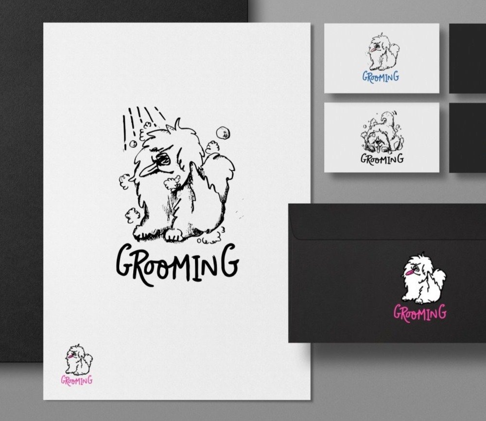 シャンプー中の長毛の犬のイラストと GROOMING の文字を使った便箋、名刺、封筒