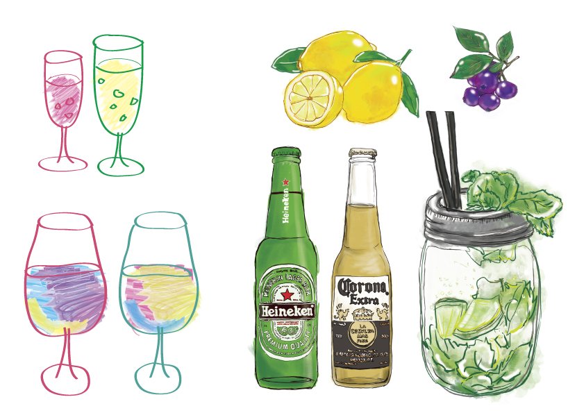 ワイングラス、ビール瓶、レモン、ブルーベリー、モヒートの手描き風イラスト